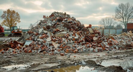 A mound of construction debris at a demolition site