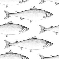 Vintage Style Salmon Seamless Pattern. Vector Hand Drawn Fish Background. High Quality Old Fashion Illustration