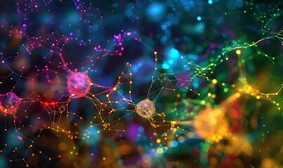 A visually complex web of interconnected nodes representing neural networks in vibrant colors