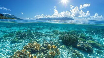 Half underwater view of a beautiful tropical ocean with coral reefs and sun shining through the surface.
