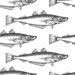 Vintage Style Blue Whitting Seamless Pattern. Vector Hand Drawn Fish Background. High Quality Old Fashion Illustration