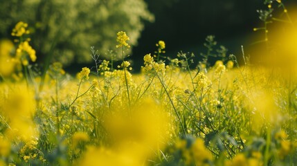 Obraz premium Field with partially blooming rapeseed