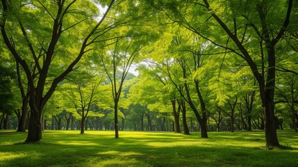 Fototapeta premium Park filled with maples and other deciduous trees in full spring foliage