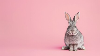Obraz premium Cute rabbit sitting against a pink background, staring directly at the camera, showcasing its adorable features and fluffy fur.