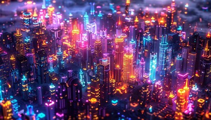 Fototapeta premium Vibrant futuristic city skyline illuminated with neon lights at night, showcasing advanced urban development and stunning visual effects.