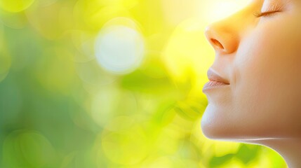 Fototapeta premium Serene woman enjoying nature with closed eyes and sunlit greenery in the background, symbolizing peace and relaxation.