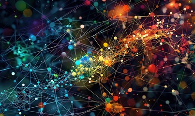 A visually complex web of interconnected nodes representing neural networks in vibrant colors