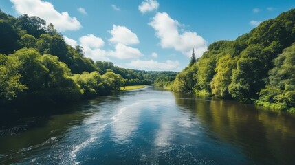 Fototapeta premium Wide river flowing through a dense forest on a bright sunny day