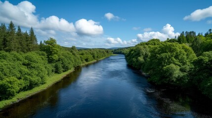 Fototapeta premium Wide river flowing through a dense forest on a bright sunny day