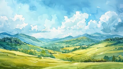 Fototapeta premium Beautiful watercolor painting of a serene landscape with rolling hills, vibrant greenery, and a bright sky with fluffy clouds.