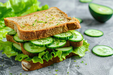 Delicious Avocado, Cucumber, and Lettuce Sandwich on Gray Background - Real Photo for Food Lovers