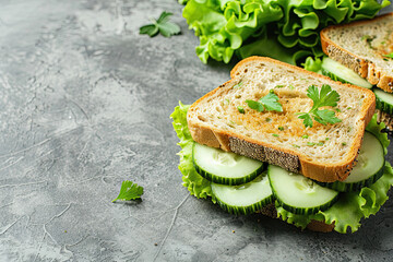 Delicious Avocado, Cucumber, and Lettuce Sandwich on Gray Background - Real Photo