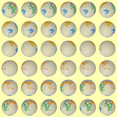 Collection of globes in a normal sphere view, rotated in 10-degree steps. Features colored countries with a sparse graticule on a warm background. Impressive vector illustration.