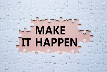 Make it Happen symbol. Concept words Make it Happen on white puzzle. Beautiful pink background with succulent plant. Business and Make it Happen concept. Copy space.