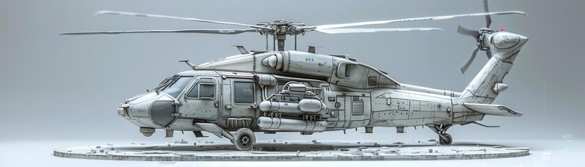 High-detail grayscale illustration of a military transport helicopter on a neutral background, showcasing its design and structure.