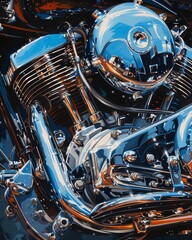 Close-up of a shiny, metallic motorcycle engine with intricate details and polished chrome surfaces reflecting light.