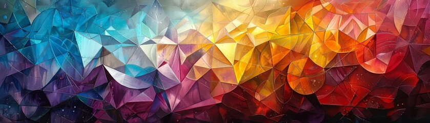 Obraz premium Colorful low-poly geometric abstract background featuring vibrant triangular patterns in red, yellow, blue, and purple hues.