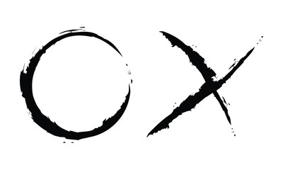 Two dirty grunge cross x and tick OK check marks in check boxes, hand drawn with brush strokes vector illustration isolated on white background. Check mark symbol NO and YES buttons for web vote, etc.