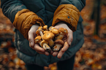 Autumn Mushroom Foraging: Hands Holding Fresh Harvest in Nature