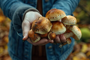 Autumn Mushroom Foraging: Closeup of Hands Holding Fresh Wild Mushrooms in Nature - Real Photo
