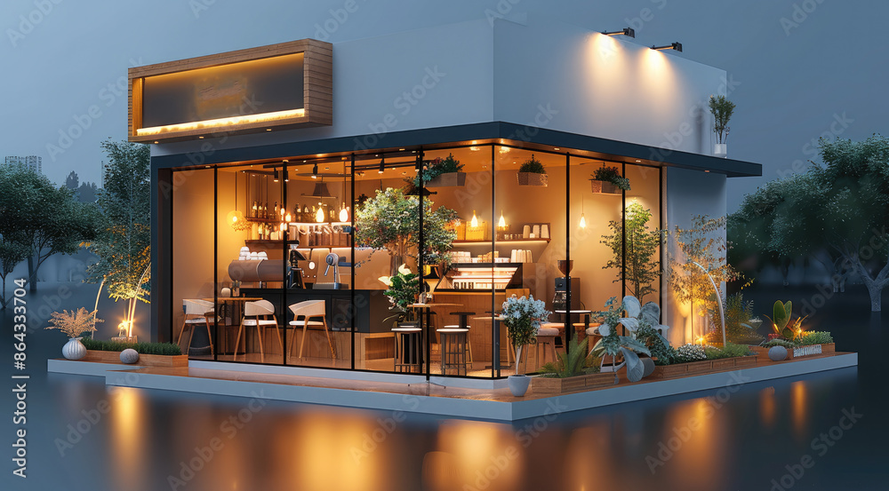 Poster Isometric rendering of a minimal, modern coffee shop with the lights on, exterior architecture, 3d rendering digital art. Generative AI.