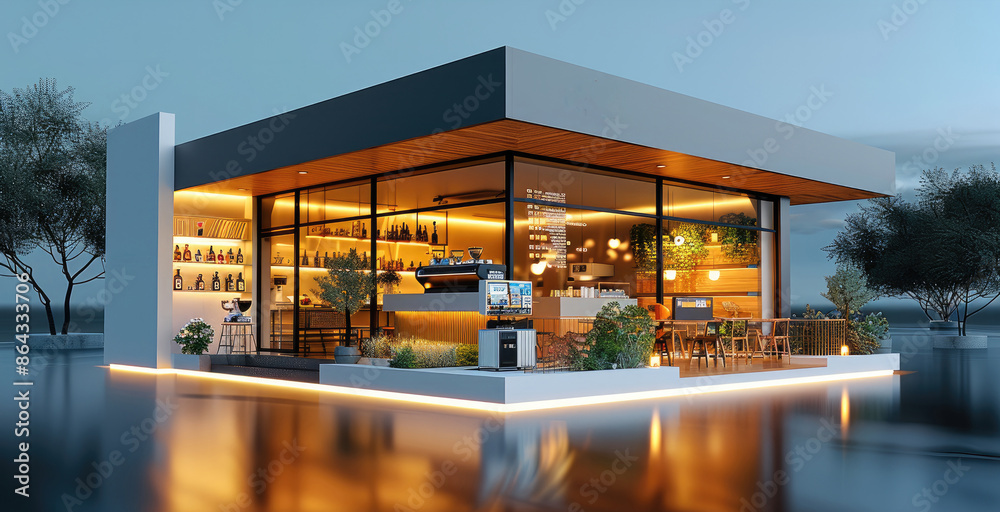 Poster Isometric rendering of a minimal, modern coffee shop with the lights on, exterior architecture, 3d rendering digital art. Generative AI.