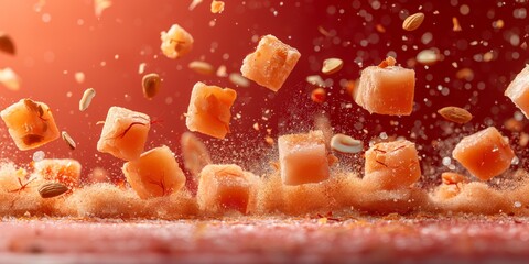 Colorful Turkish delights, sweets with flying sugar and dry roses petals.