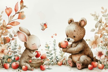A bear and a rabbit are holding an apple in their paws