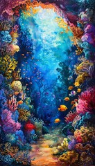 Obraz premium Vivid, colorful underwater scene with diverse coral reef and various species of tropical fish swimming in clear blue ocean water.