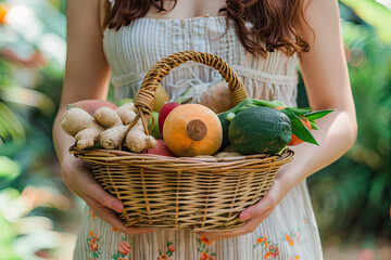 Fresh Harvest: Womans Hands Holding Basket of Veggies and Fruits in Pastel Photo with Ginger and Soft Lighting