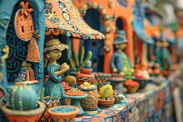 Colorful clay figurines and handicrafts on display at a vibrant market. Ornate designs and intricate details highlight local craftsmanship.