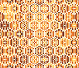 Tileable Hexagon Pattern. Bold rounded stacked hexagons mosaic pattern. Orange color tones. Hexagonal cells. Tileable pattern. Seamless vector illustration.