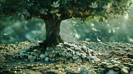 A mystical tree growing on a pile of gold coins, symbolizing wealth and abundance in a surreal fantasy setting.