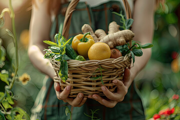 Fresh Organic Harvest: Womans Hands Hold Basket of Vegetables and Fruits, Garden Setting, Healthy Eating Concept, Canon EOS Mark III Capture