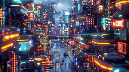 Futuristic neon cityscape with glowing skyscrapers and bustling streets, showcasing advanced urban technology and vibrant nightlife.