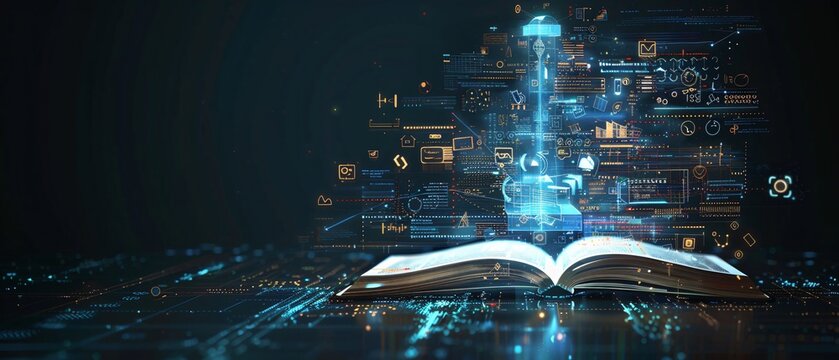 Futuristic Digital Book Hologram with Interactive Icons and Text Space