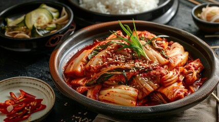 Savory Kimchi with Steamed Rice. A delicious Kimchi, traditional Korean fermented cabbage with red chili paste, served in a rustic ceramic bowl with a side of steamed rice.