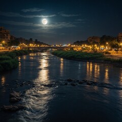 Fototapeta premium A gentle river flowing under a moonlit night during