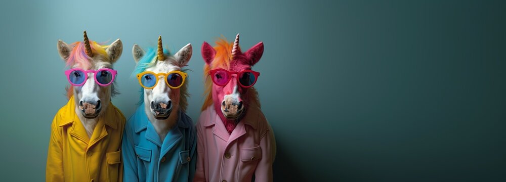 Three unicorns with colorful sunglasses