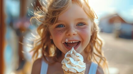 Naklejka premium Happy cute little girl enjoying ice cream on a sunny day. Generative AI.