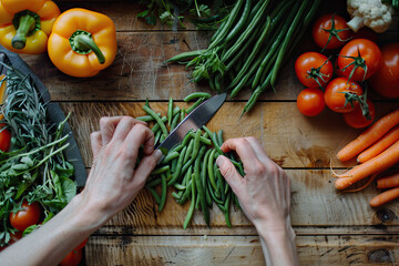 Womans Hand Cutting Fresh Green Beans on Wooden Table with Vegetables, Top View