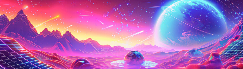 Fototapeta premium A colorful, futuristic landscape with a large planet in the background