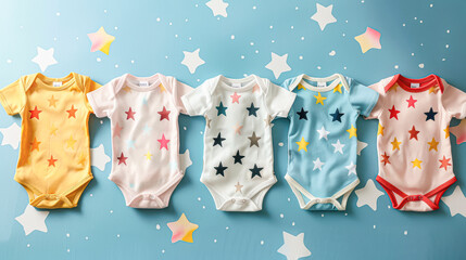 A row of five baby onesies with stars on them