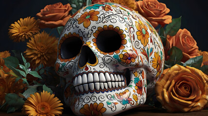 Generative AI 3D Rendered Calavera (Sugar Skull) in a traditional style for Dia de Los Muertos (Day...