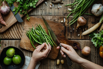 Freshly Cut: Womans Hands Slicing Green Beans on Wooden Table with Vegetables, Top View