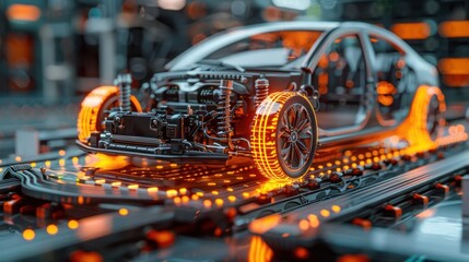 Fototapeta premium High-tech sports car with neon lighting in a dark environment.