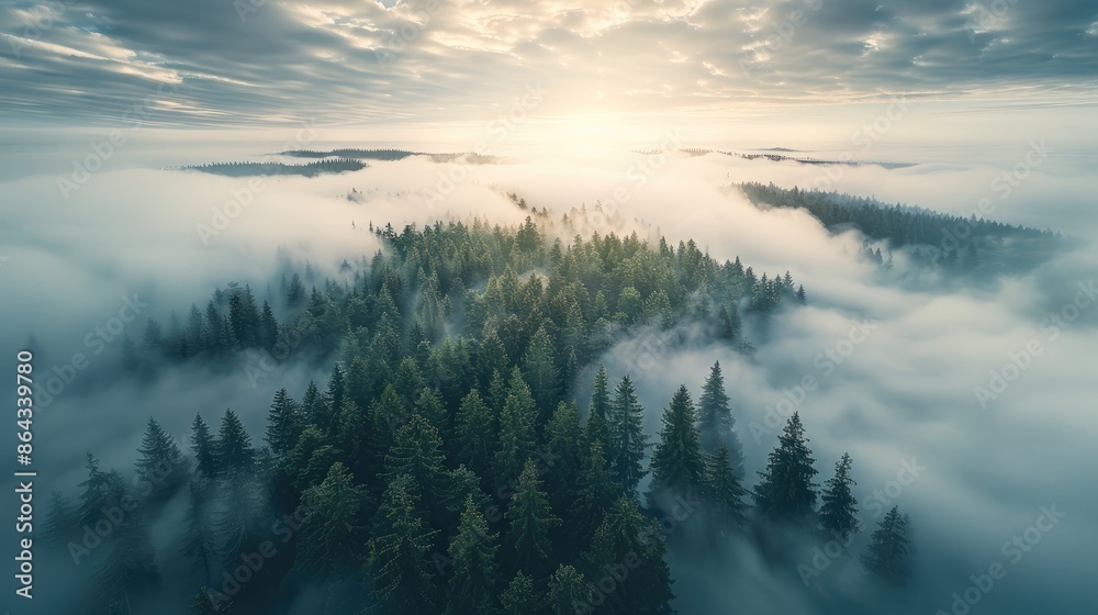 Aufkleber An endless forest of trees growing through a sea of clouds towards an infinite horizon, Insanely Detailed and Intricate. Aerial high view. Generative AI.