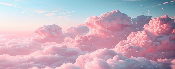 Vibrant pink and fluffy clouds against a serene blue sky, capturing the beauty and tranquility of nature at sunrise.