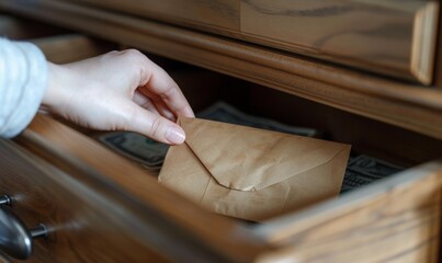 Obraz premium A hand reaching for a brown envelope filled with money inside a drawer