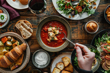 Delicious Dining: Rustic Table with Soup, Salad, Wine and Pastries